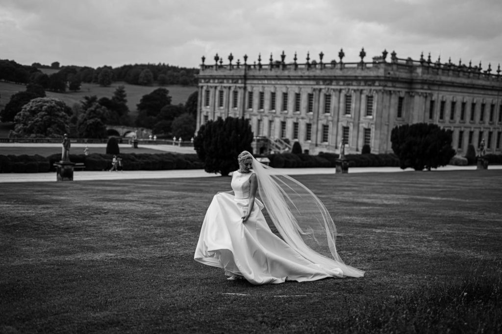 Chatsworth House Wedding Photography with Olivia in a dress by Charlotte Elizabeth Bridal shop Matlock.