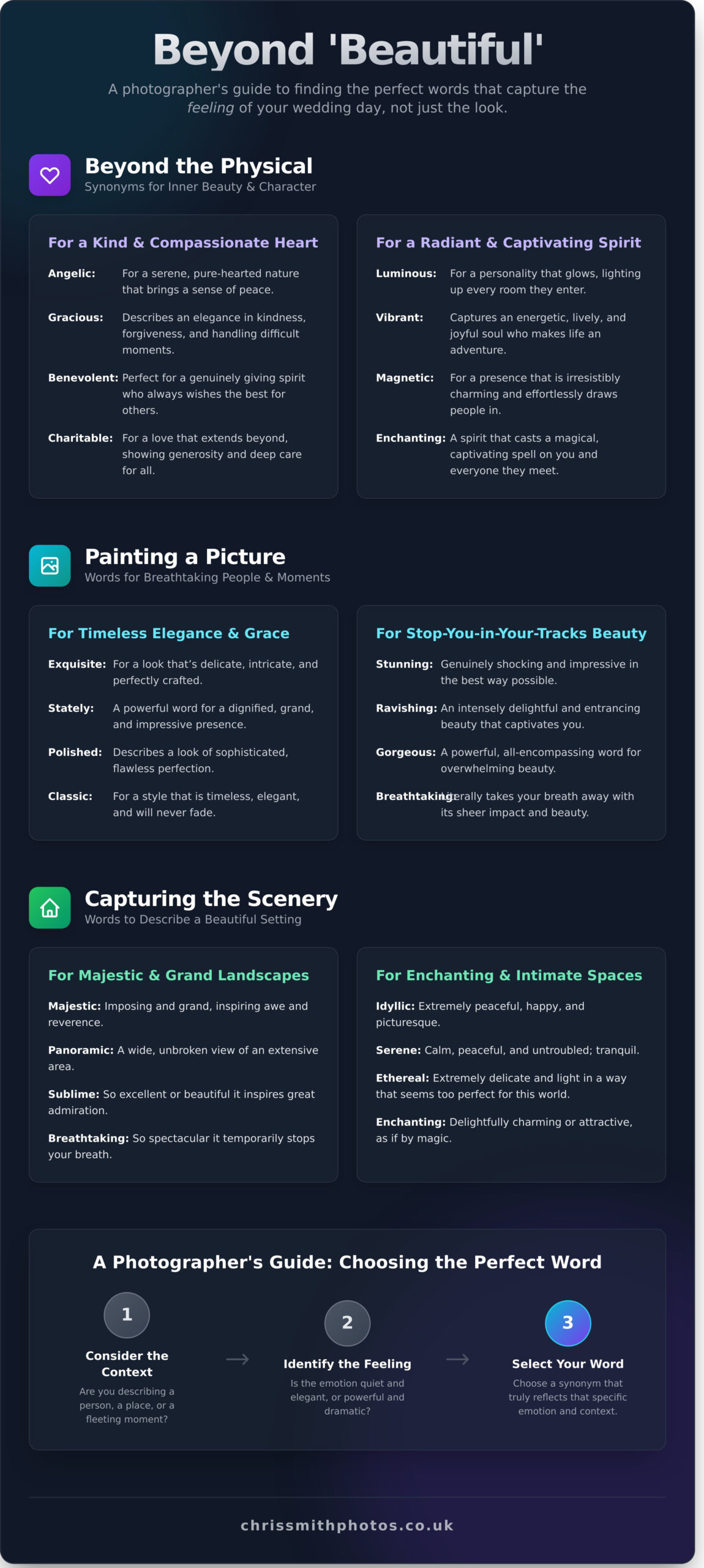 More Than “Beautiful”: 100+ Synonyms to Describe Your Love Story - Infographic